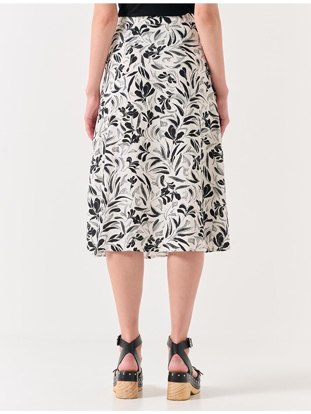 Beyaz Yüksek Bel Yırtmaçlı Keten Midi Etek-4