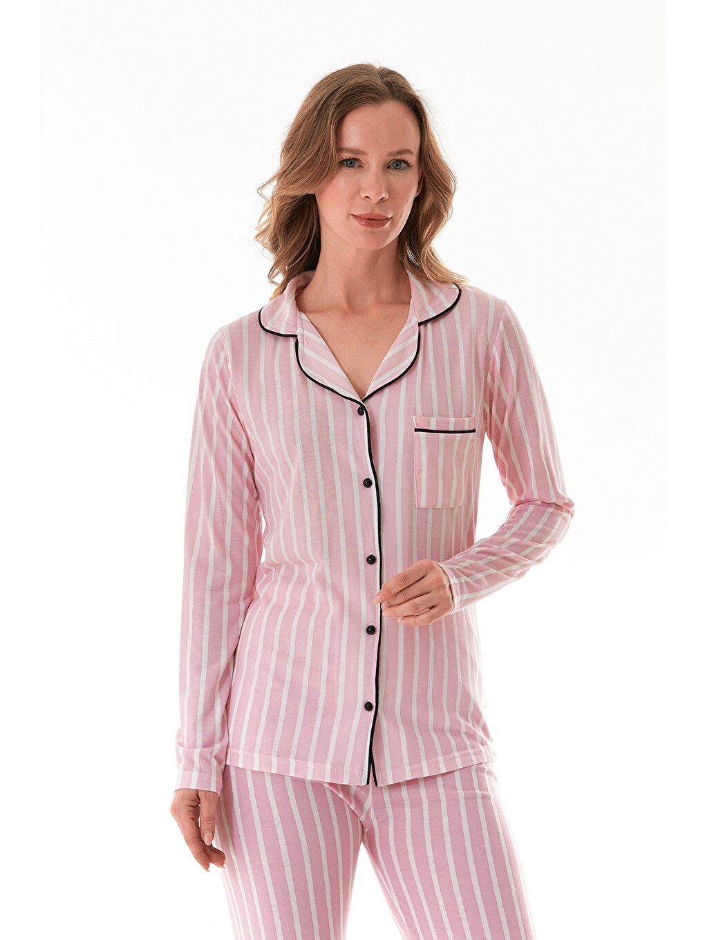 Pembe Çizgili Gömlek Yaka Cepli Uzun Kollu Pijama Takımı-1