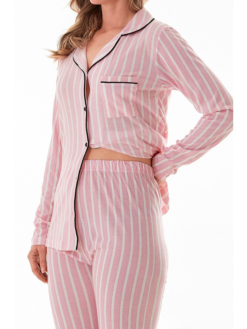 Pembe Çizgili Gömlek Yaka Cepli Uzun Kollu Pijama Takımı-4