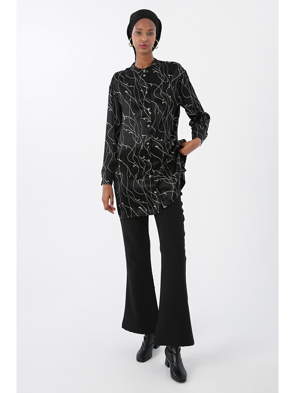 Siyah-Ekru Hakim Yaka Yanları Yırtmaçlı Gömlek Tunik-4