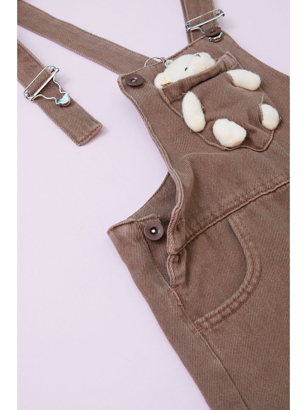 Kahverengi Ayıcıklı Göğüs Cepli Kız Çocuk Salopet Tulum 18753-2