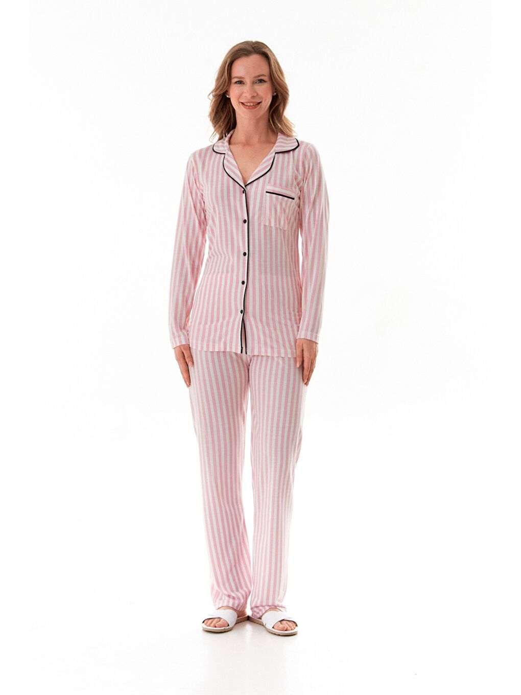 Pembe Çizgili Gömlek Yaka Cepli Uzun Kollu Pijama Takımı-2