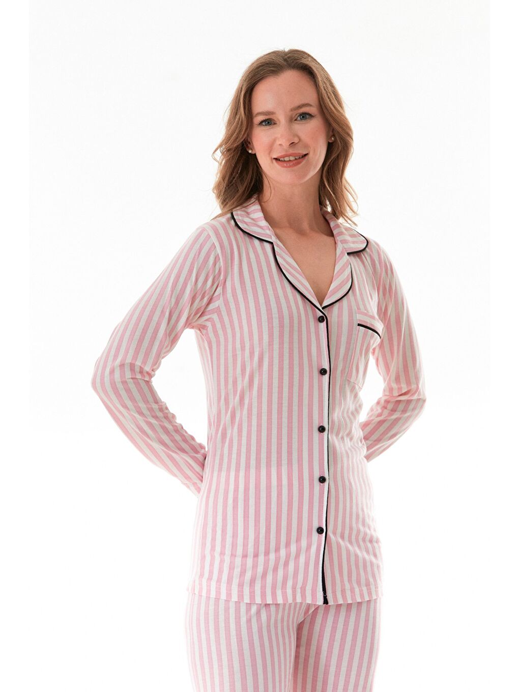 Pembe Çizgili Gömlek Yaka Cepli Uzun Kollu Pijama Takımı-3