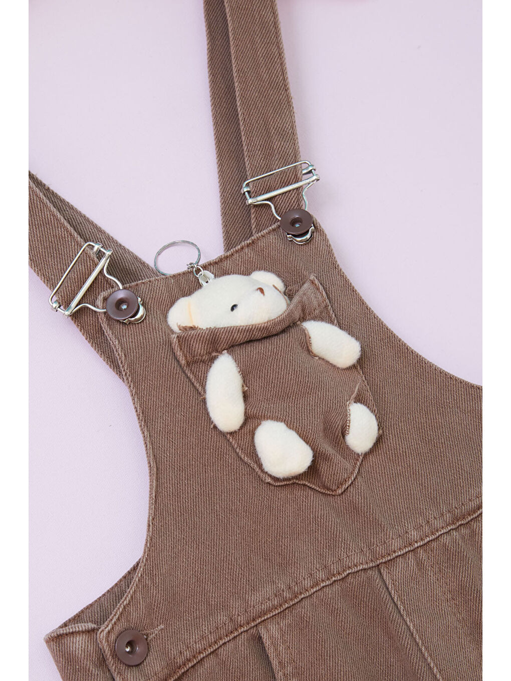 Kahverengi Ayıcıklı Göğüs Cepli Kız Çocuk Salopet Tulum 18753-3