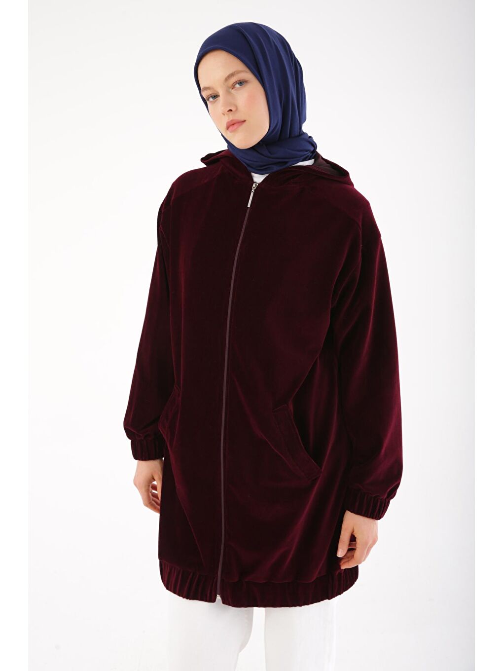 Bordo Kapüşonlu Fermuarlı Kadife Hırka