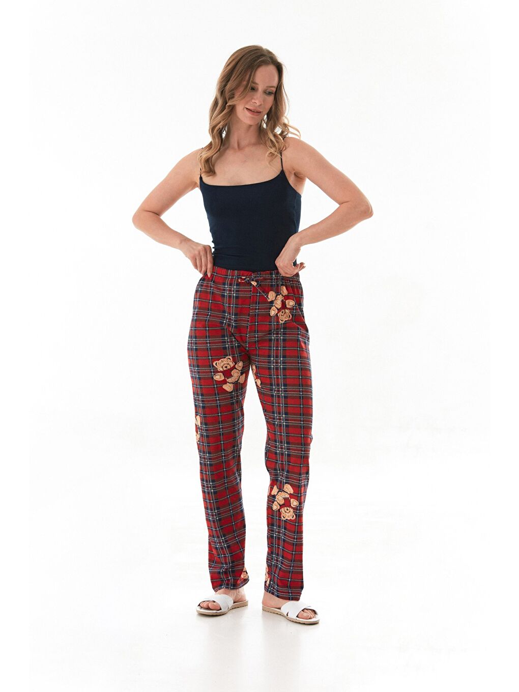 Kırmızı Ayıcık Baskılı Ekose Pijama Altı-1