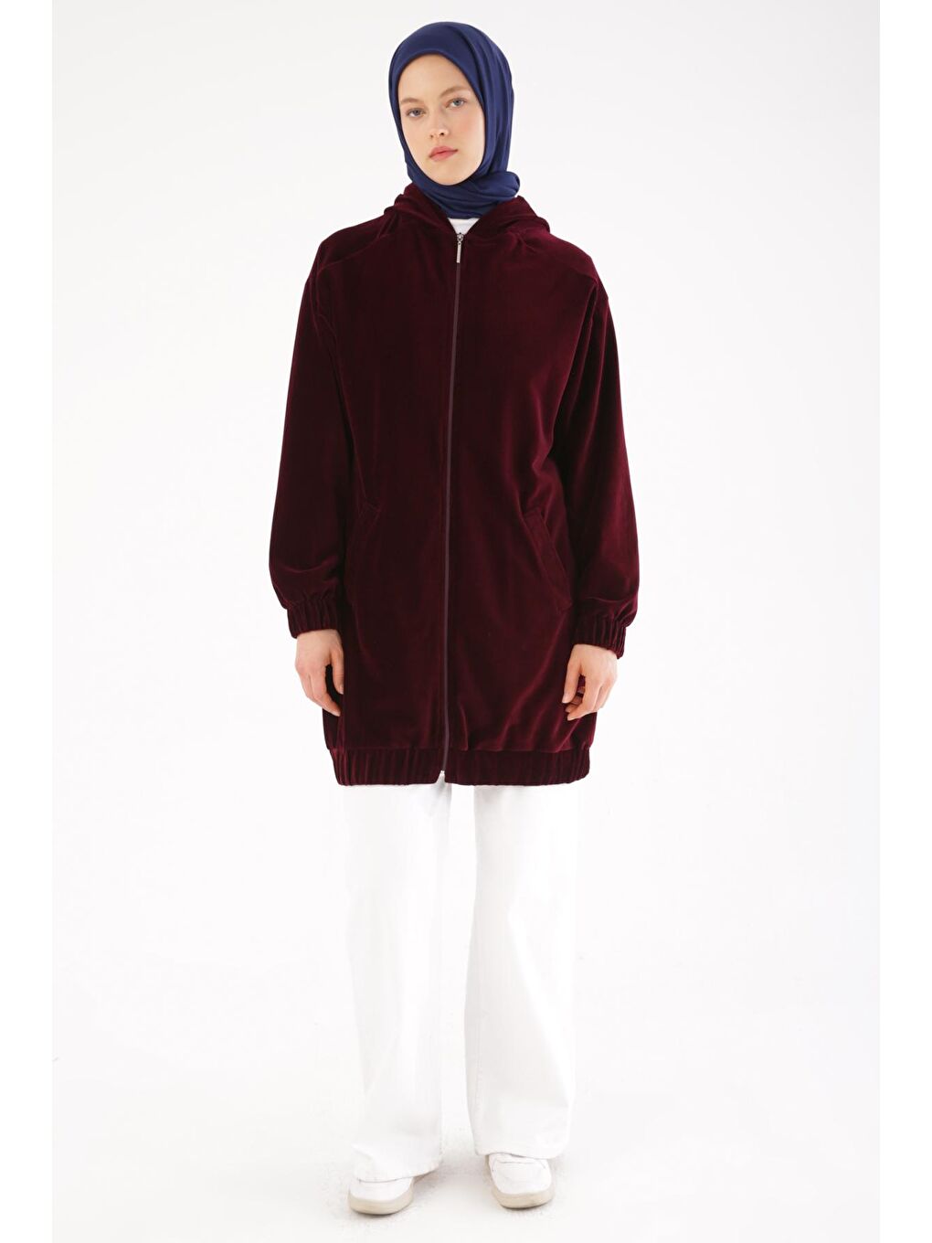 Bordo Kapüşonlu Fermuarlı Kadife Hırka-1