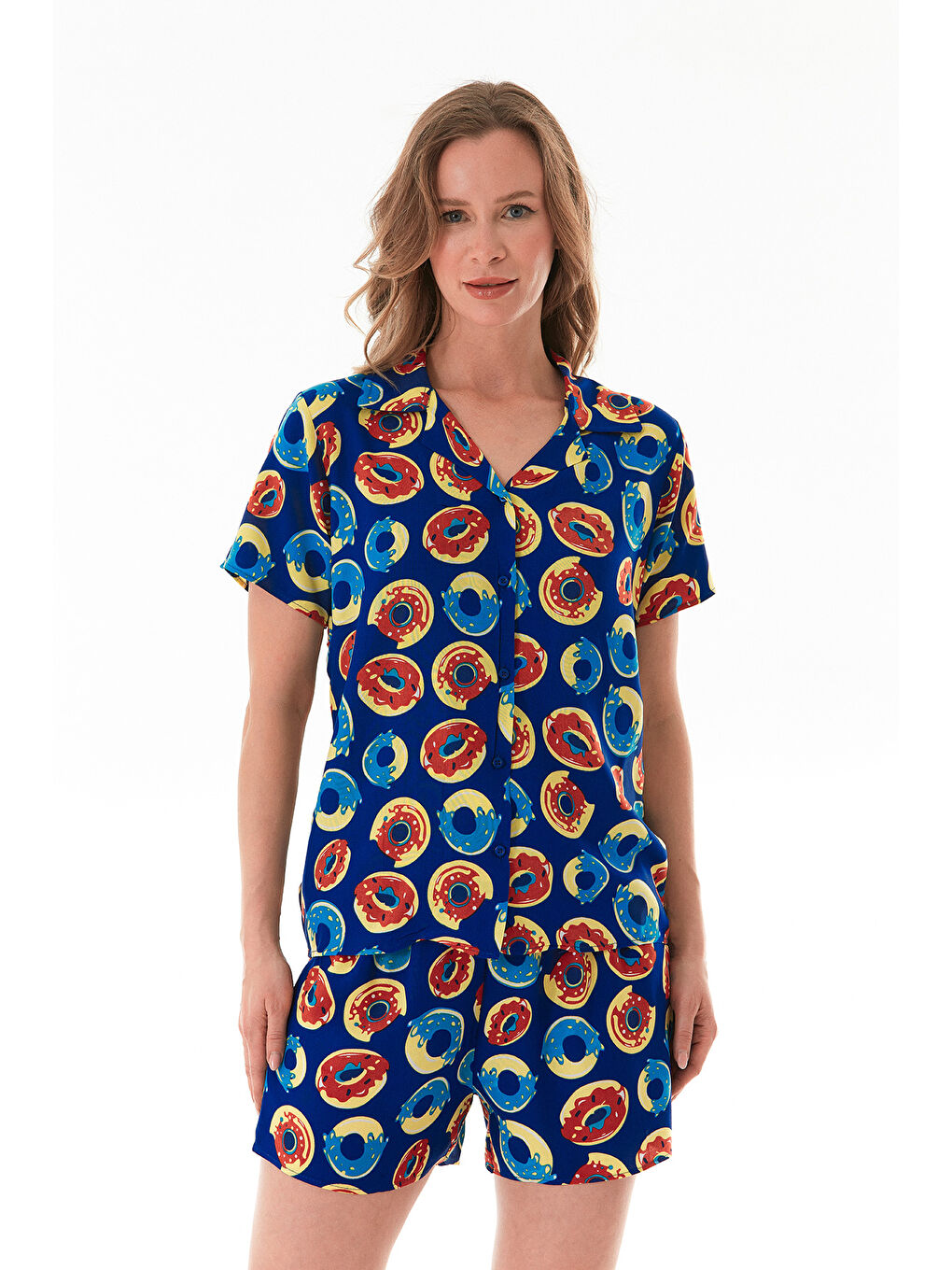 Mavi Donut Desenli Gömlek Yaka Şortlu Pijama Takımı-2