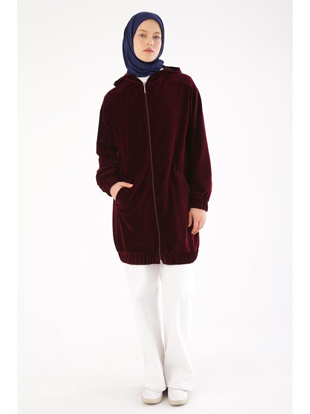 Bordo Kapüşonlu Fermuarlı Kadife Hırka-4