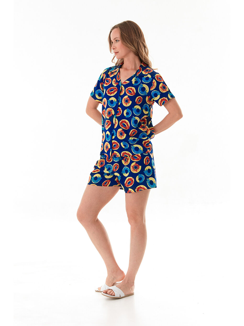 Mavi Donut Desenli Gömlek Yaka Şortlu Pijama Takımı-4