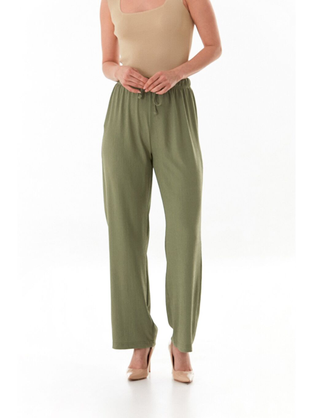 Yeşil Bürümcük Kumaş Beli Bağlamalı Pantolon-1