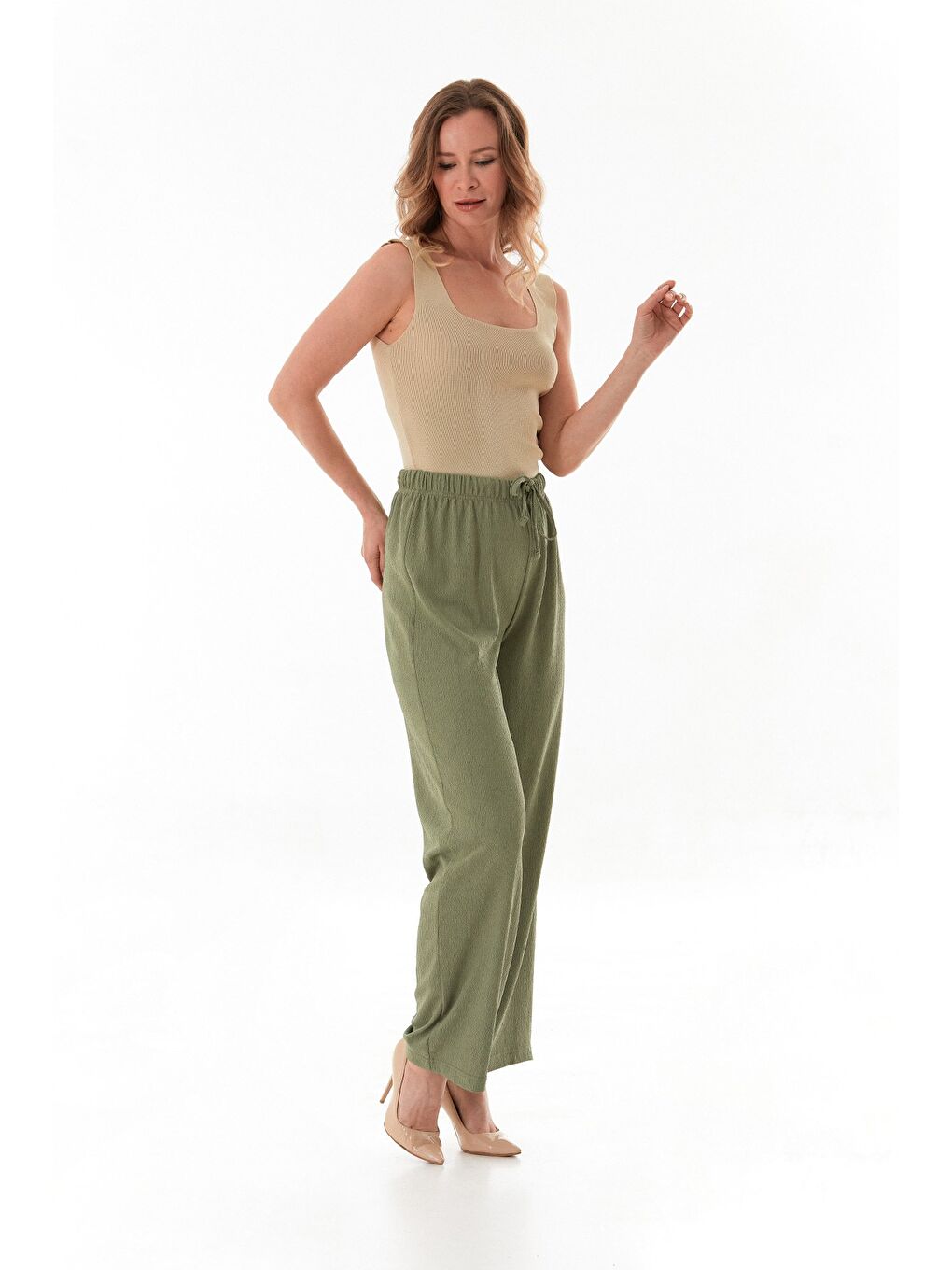 Yeşil Bürümcük Kumaş Beli Bağlamalı Pantolon-2