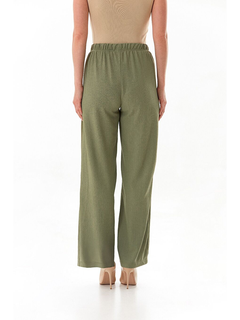 Yeşil Bürümcük Kumaş Beli Bağlamalı Pantolon-3