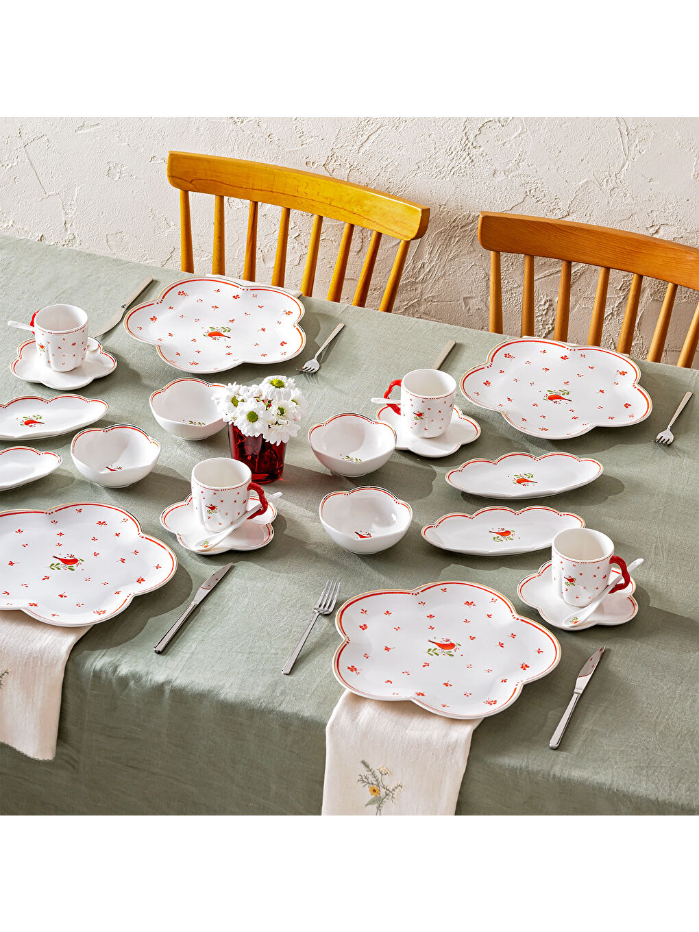 Beyaz Myna Porselen 32 Parça 6 Kişilik Kahvaltı Takımı-8