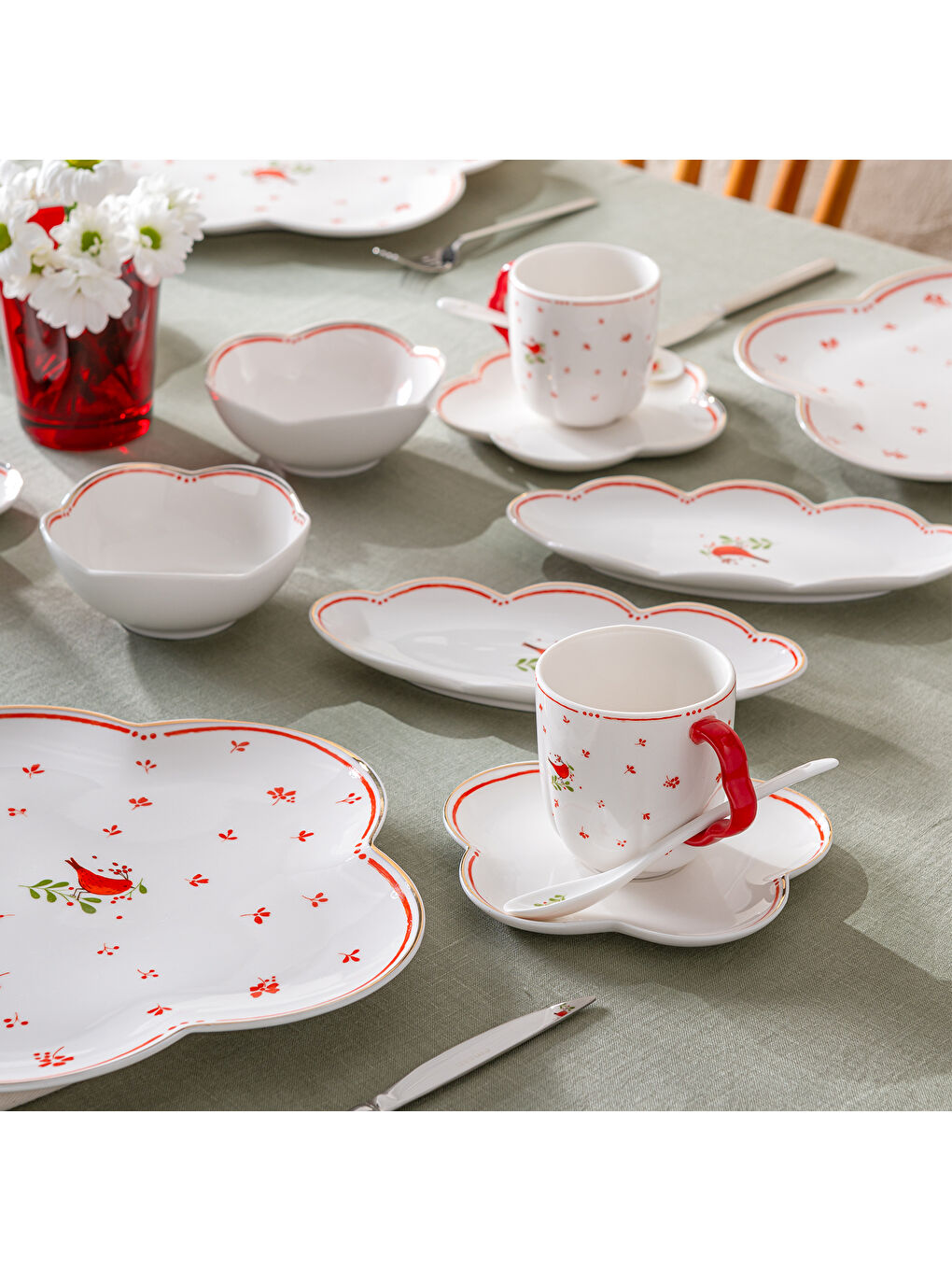 Beyaz Myna Porselen 32 Parça 6 Kişilik Kahvaltı Takımı-9