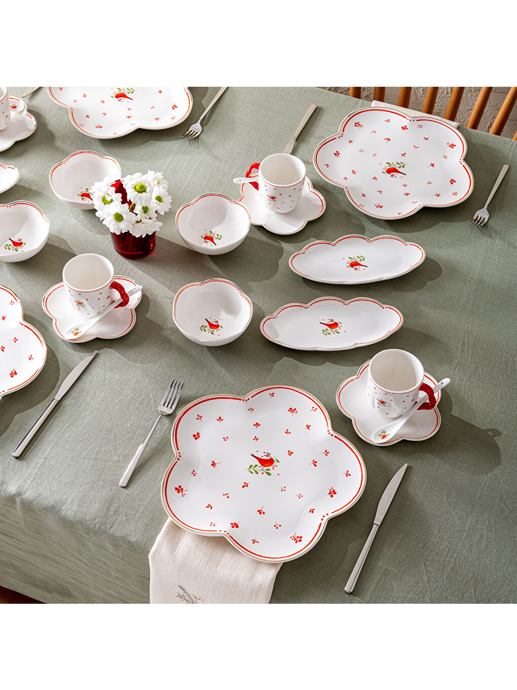 Beyaz Myna Porselen 32 Parça 6 Kişilik Kahvaltı Takımı-10