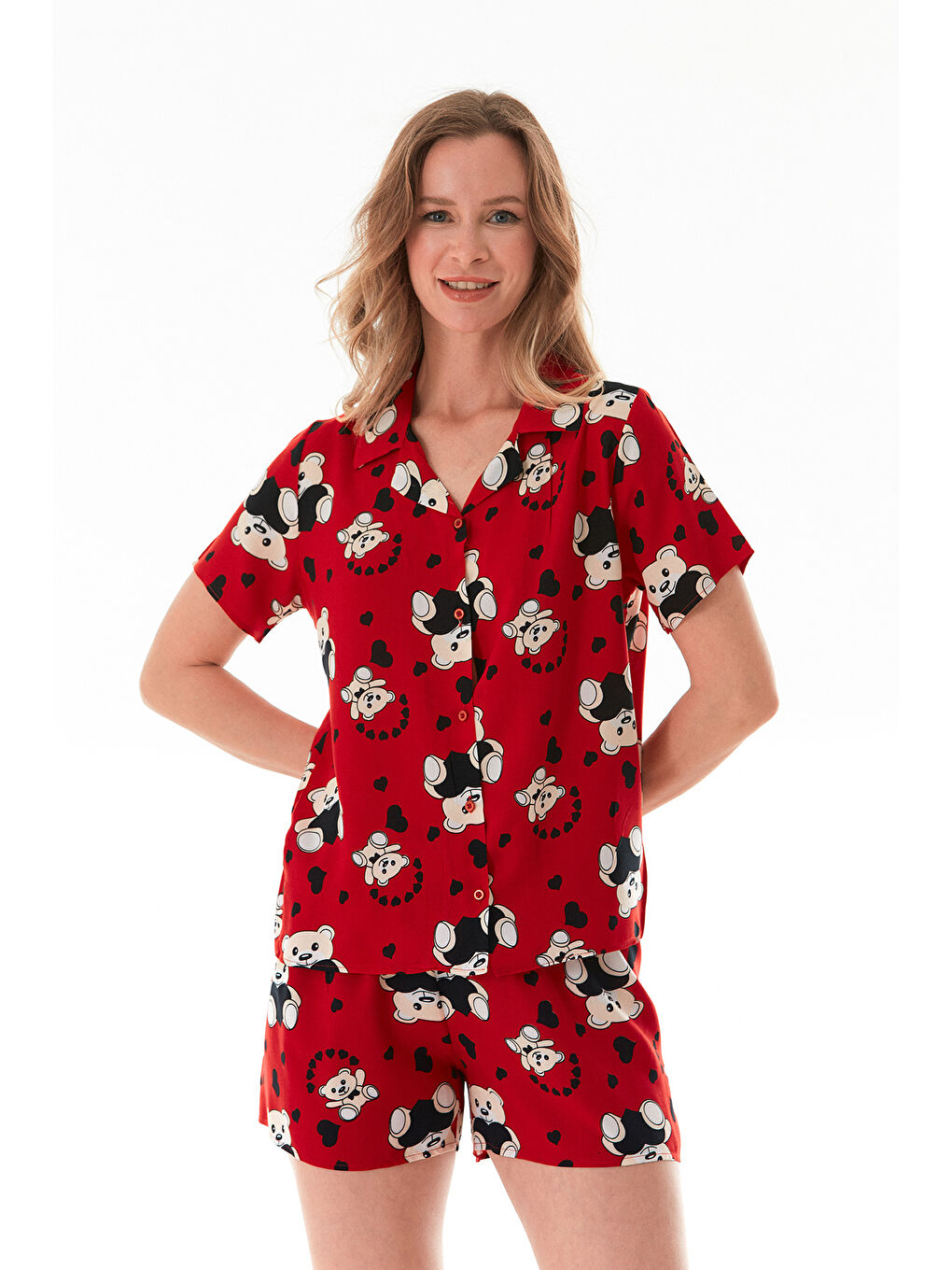 Kırmızı Donut Desenli Gömlek Yaka Şortlu Pijama Takımı-4