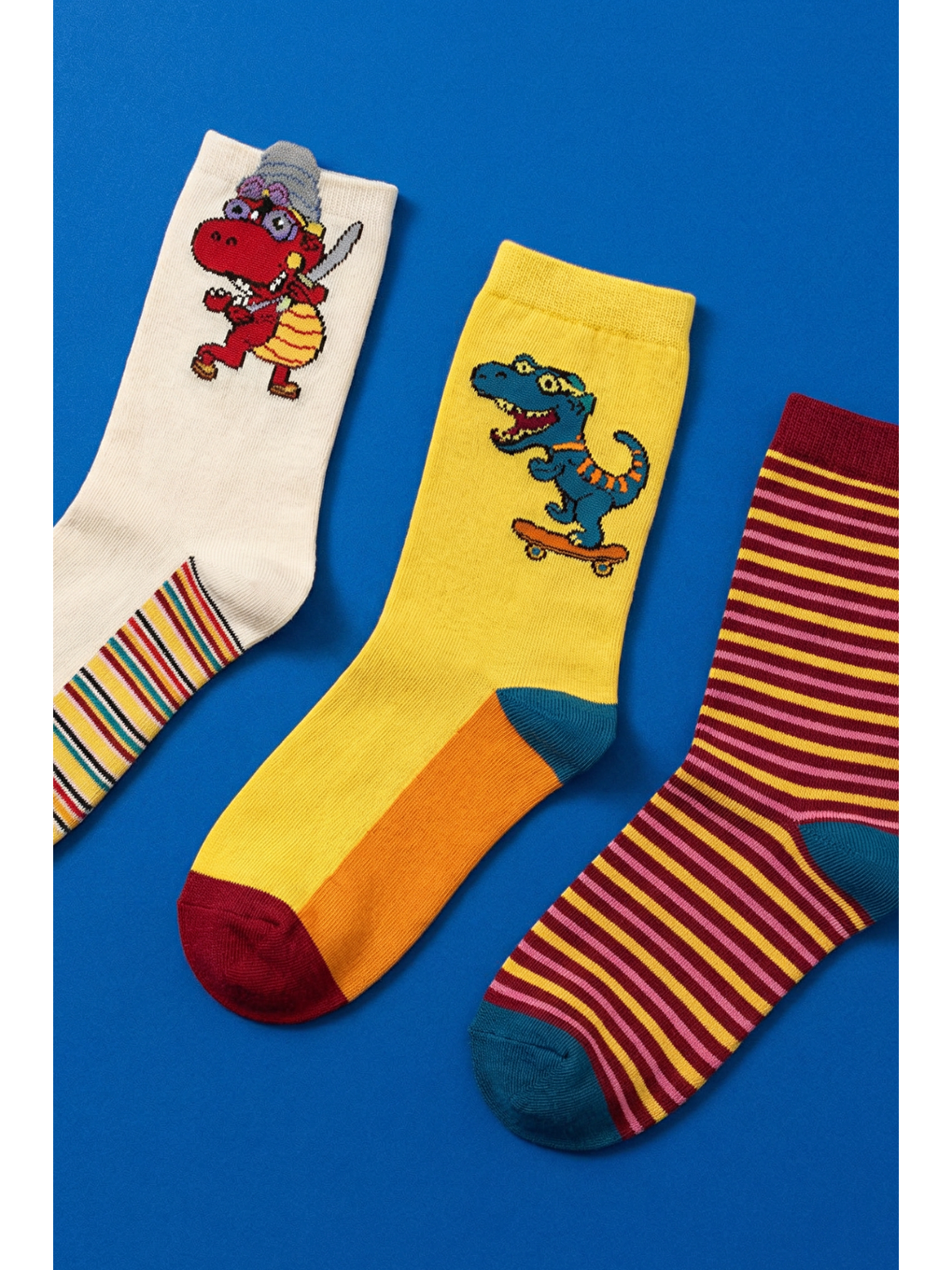 Karışık Çocuk 3'Lü Dinozor Desenli Soket Çorap-1