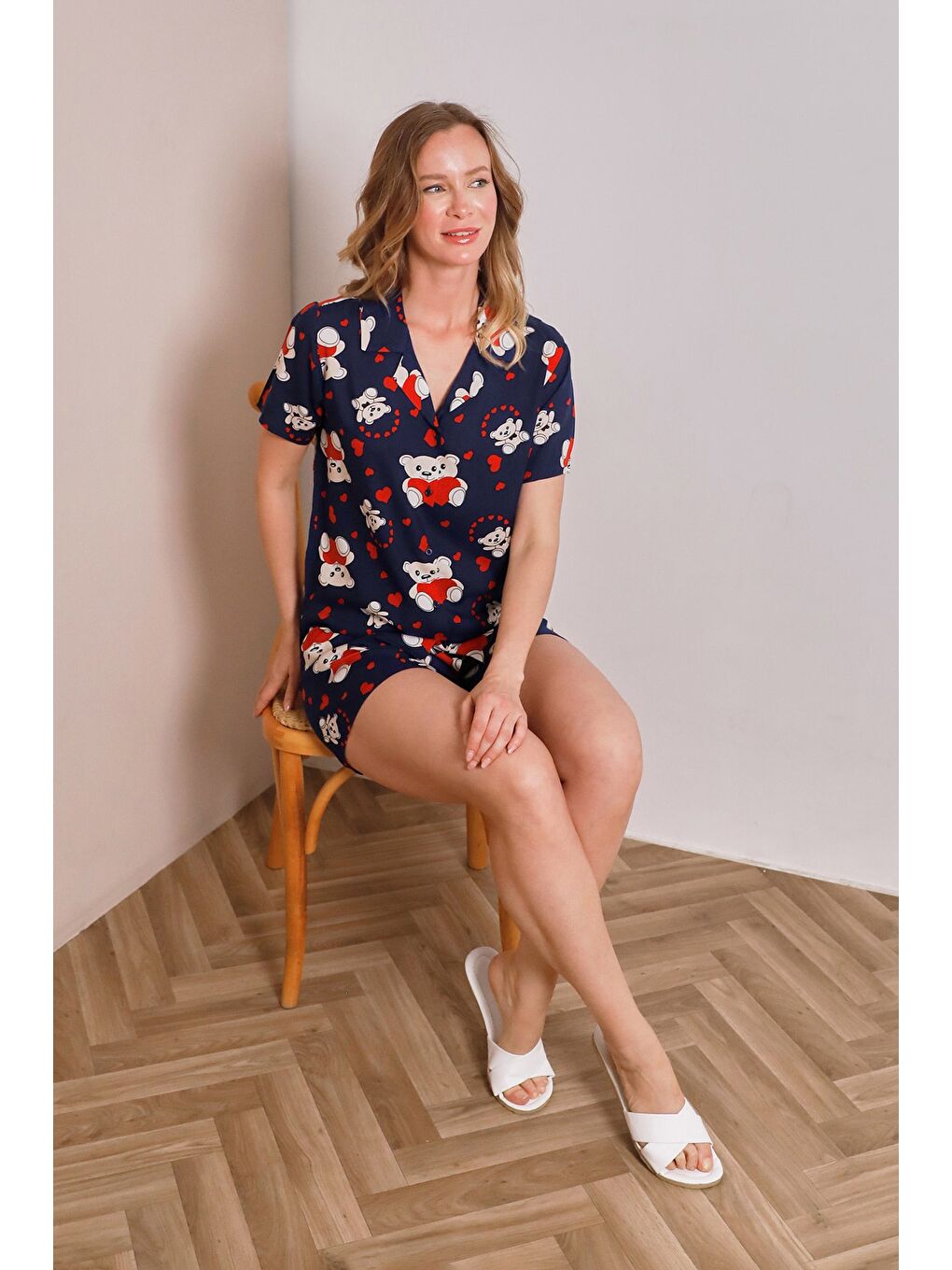 Lacivert Donut Desenli Gömlek Yaka Şortlu Pijama Takımı