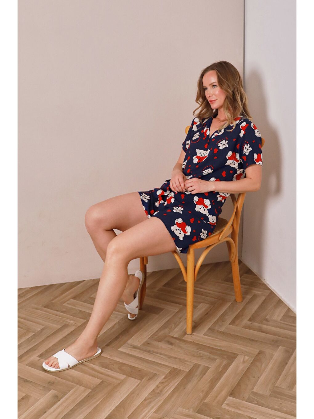 Lacivert Donut Desenli Gömlek Yaka Şortlu Pijama Takımı-1