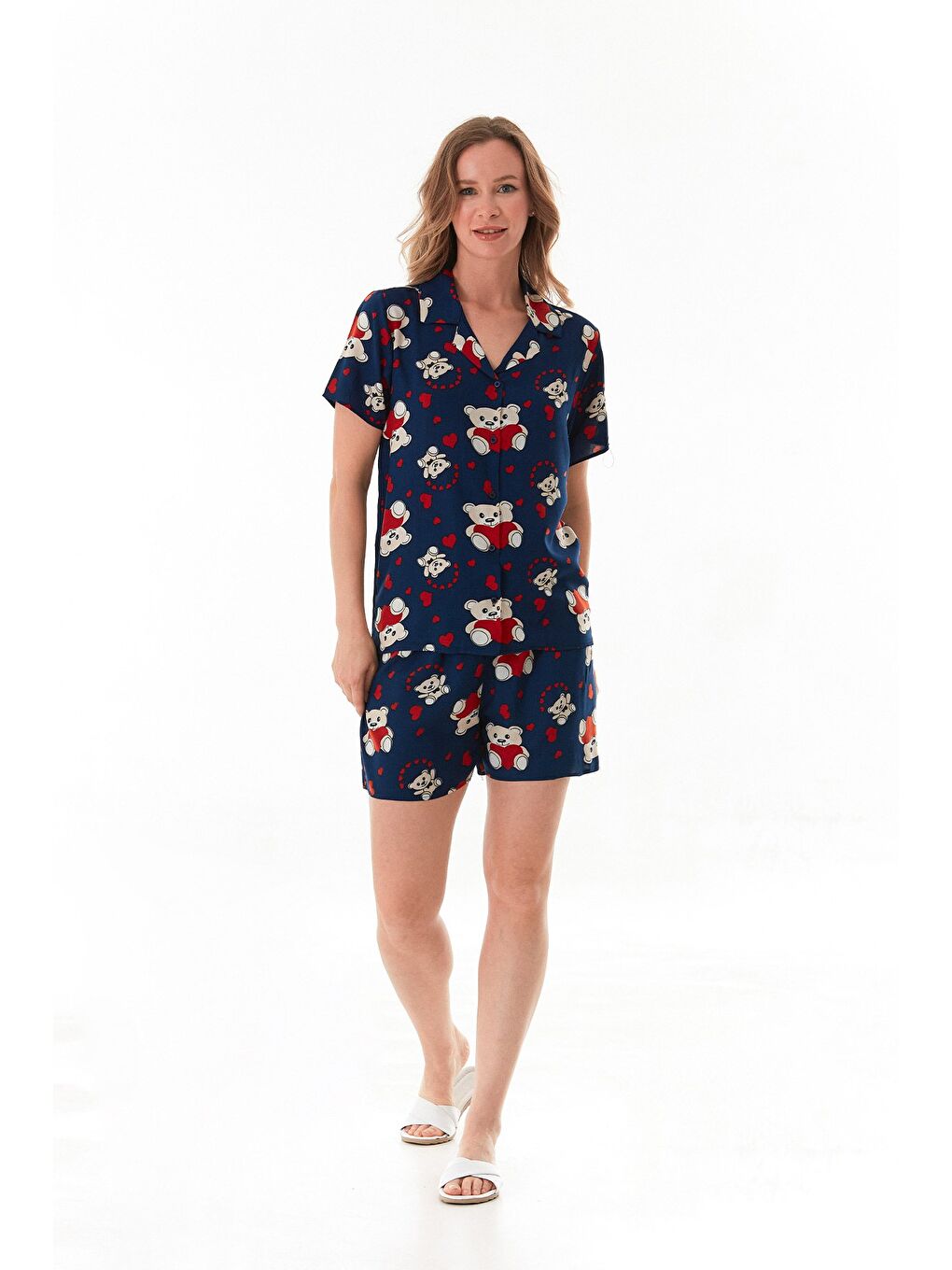 Lacivert Donut Desenli Gömlek Yaka Şortlu Pijama Takımı-2