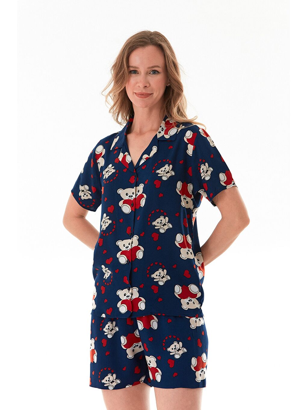 Lacivert Donut Desenli Gömlek Yaka Şortlu Pijama Takımı-4