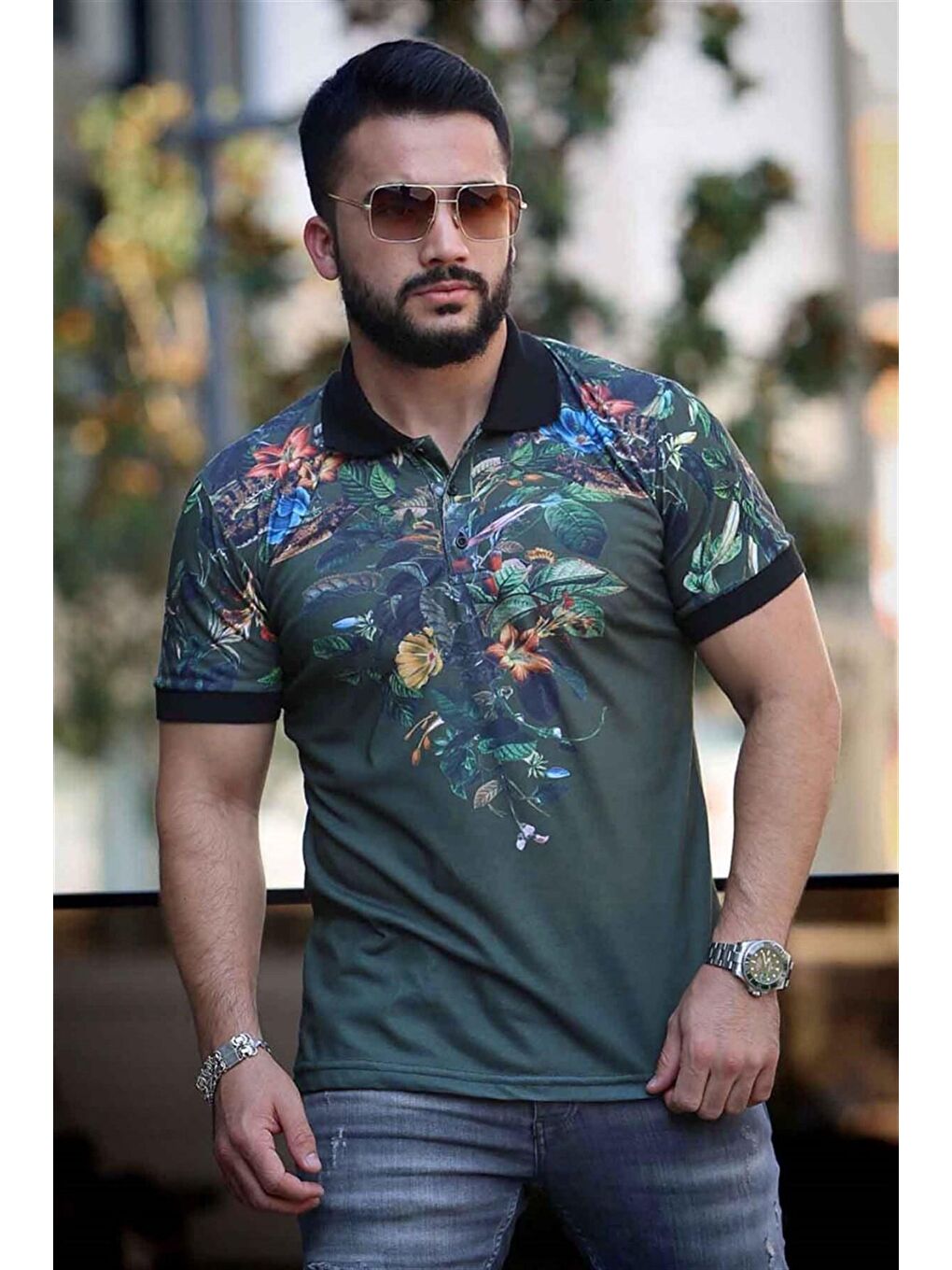 Haki Çiçek Detaylı Polo %100 Pamuk Tişört 2885