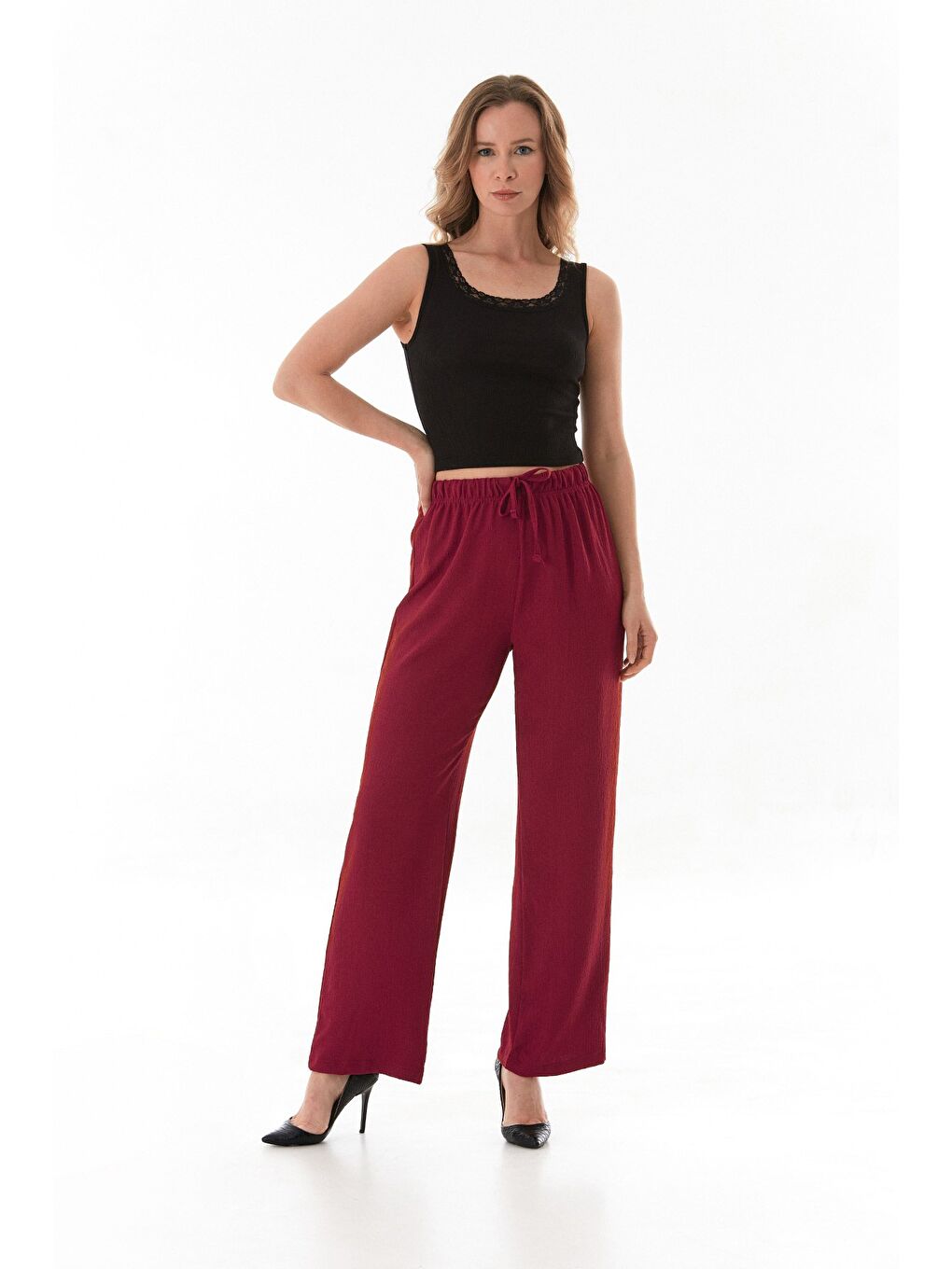 Bordo Bürümcük Kumaş Beli Bağlamalı Pantolon