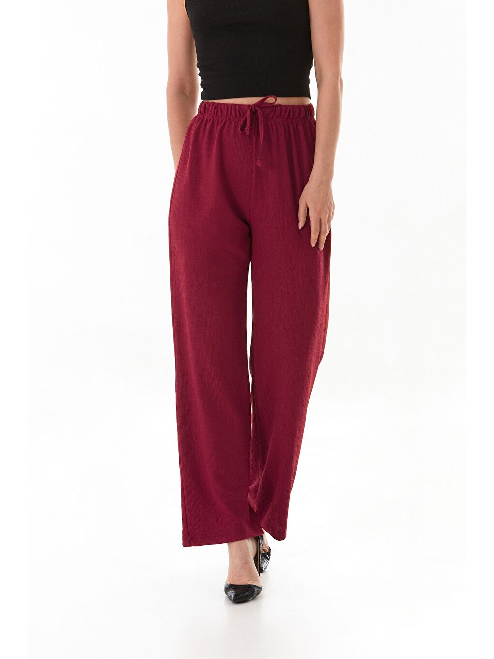 Bordo Bürümcük Kumaş Beli Bağlamalı Pantolon-1