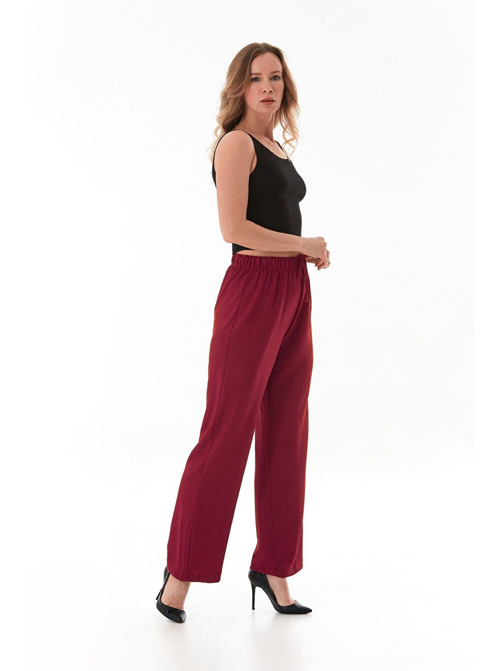 Bordo Bürümcük Kumaş Beli Bağlamalı Pantolon-2
