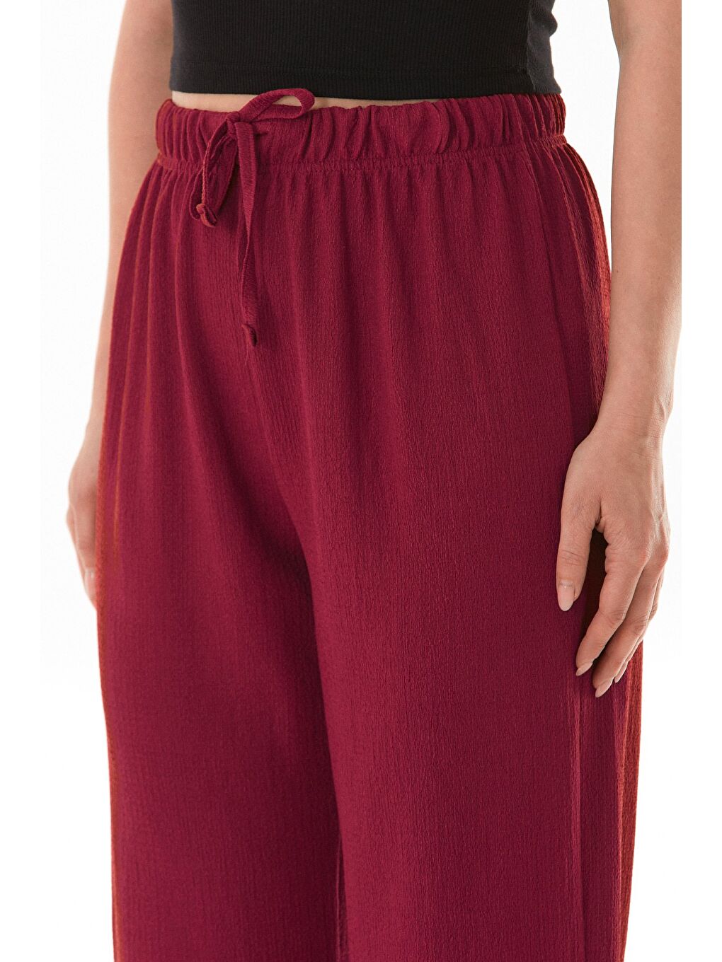 Bordo Bürümcük Kumaş Beli Bağlamalı Pantolon-4