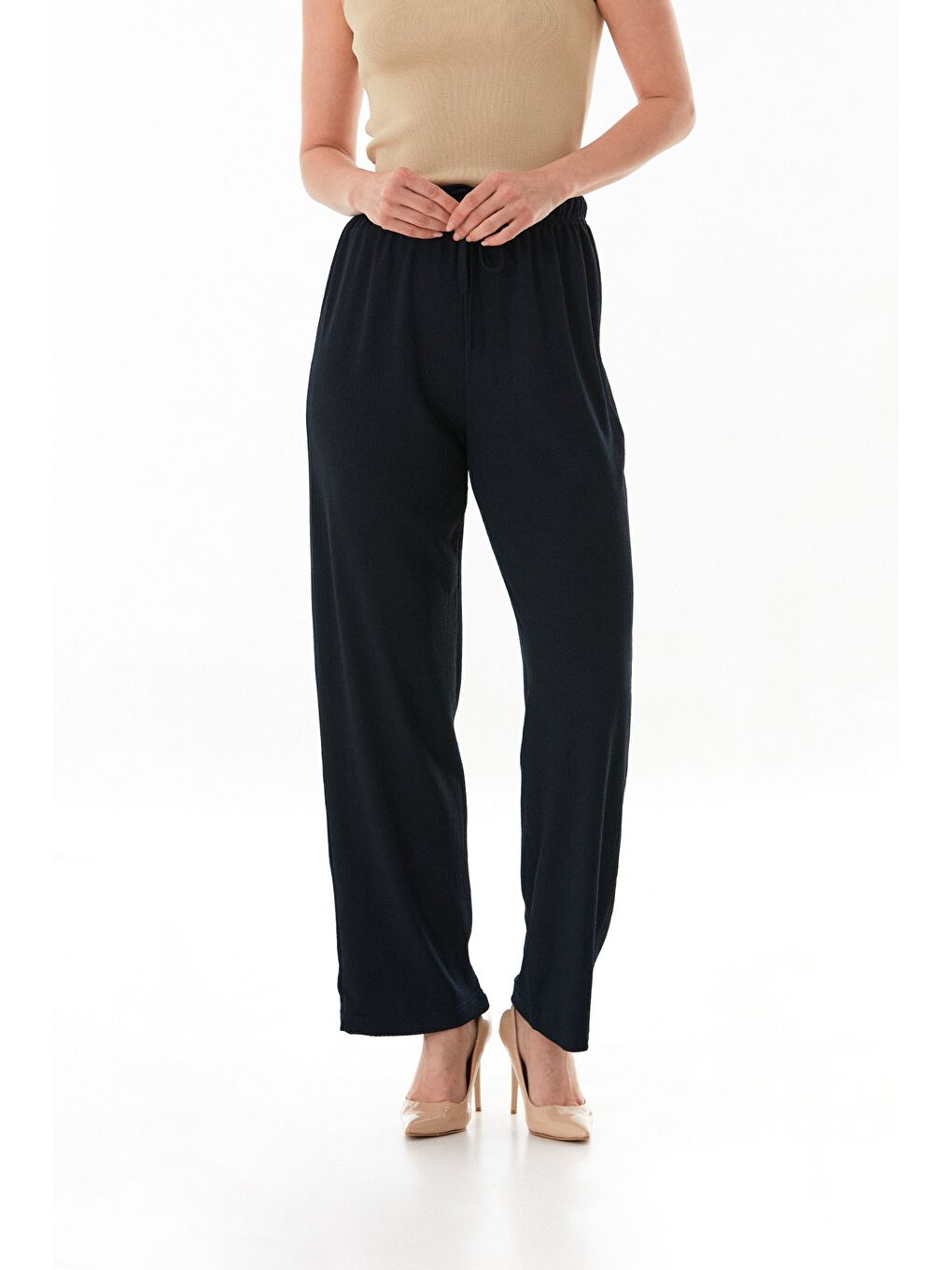 Lacivert Bürümcük Kumaş Beli Bağlamalı Pantolon-1