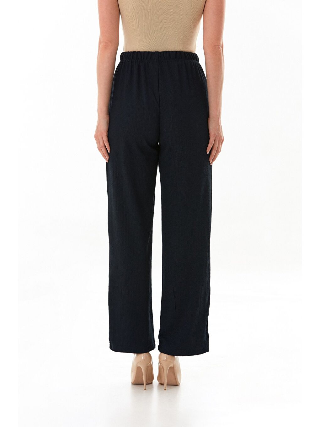 Lacivert Bürümcük Kumaş Beli Bağlamalı Pantolon-3