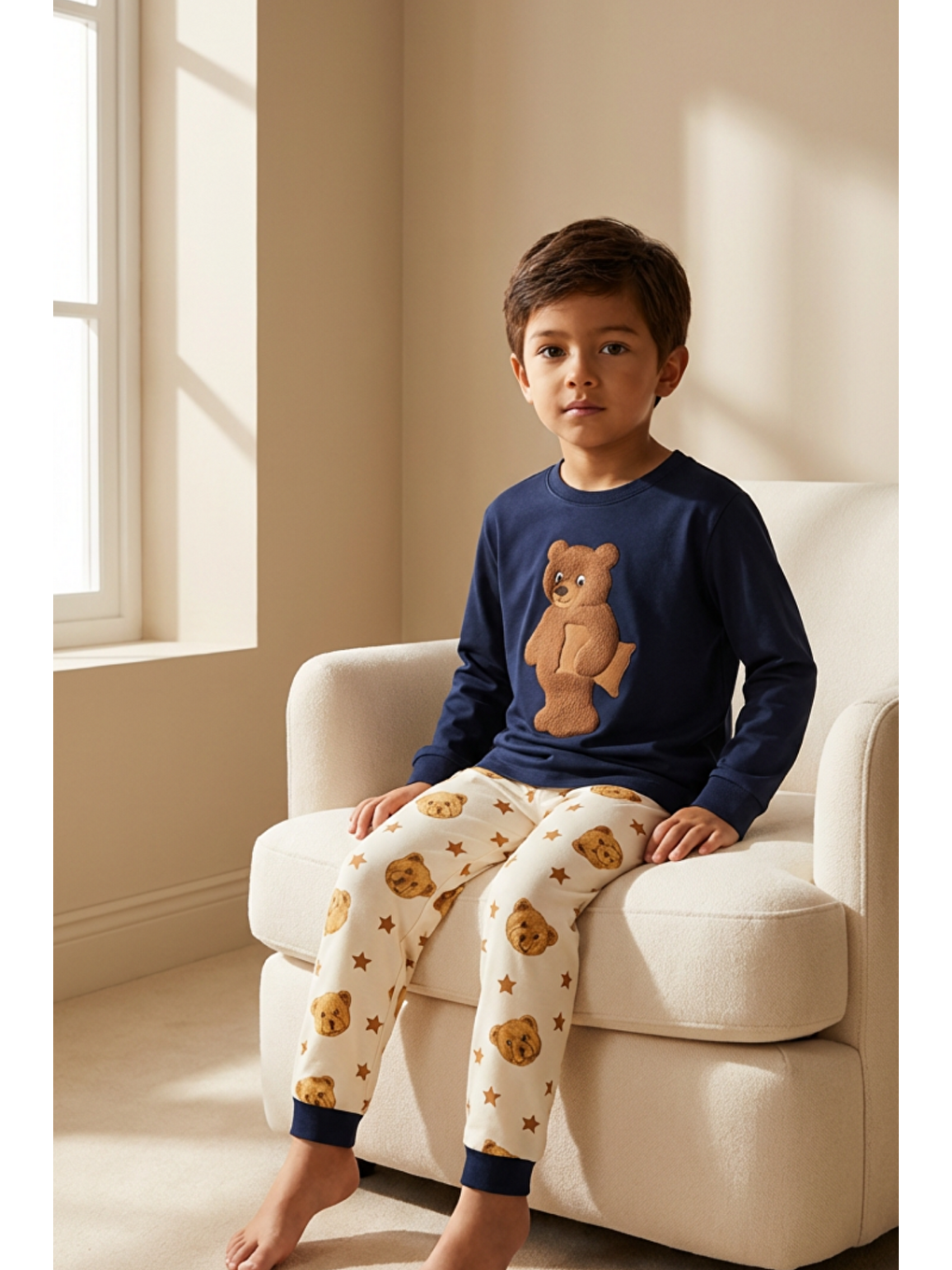 Çocuk Uykucu Teddy Desenli Kutulu Pijama Takımı Lacivert-1