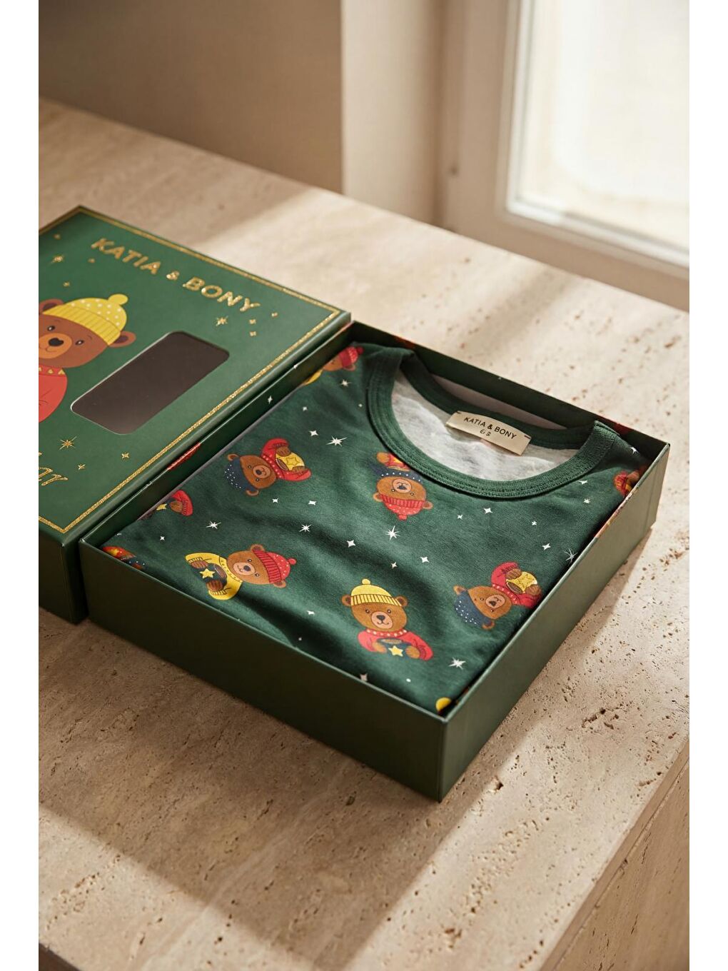 Çocuk Teddy Desenli Kutulu Yılbaşı Pijama Takımı Yeşil-1