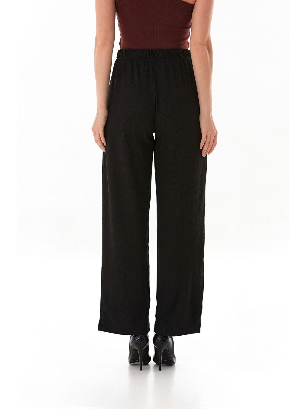 Siyah Bürümcük Kumaş Beli Bağlamalı Pantolon-3