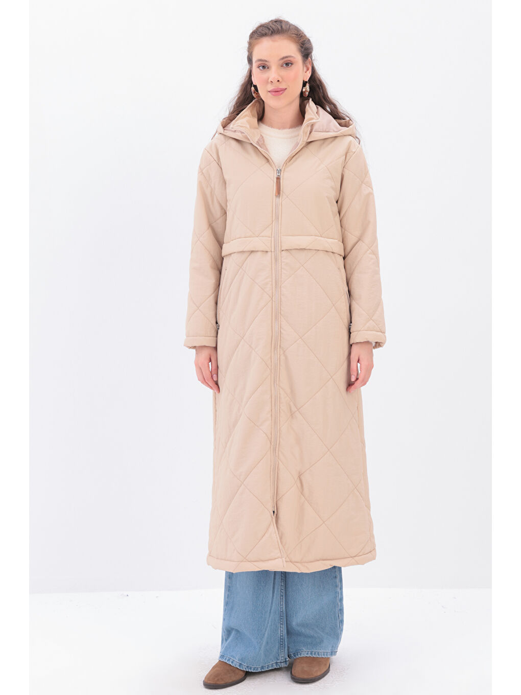 Bej Kapüşonlu Kapitone Mont-1