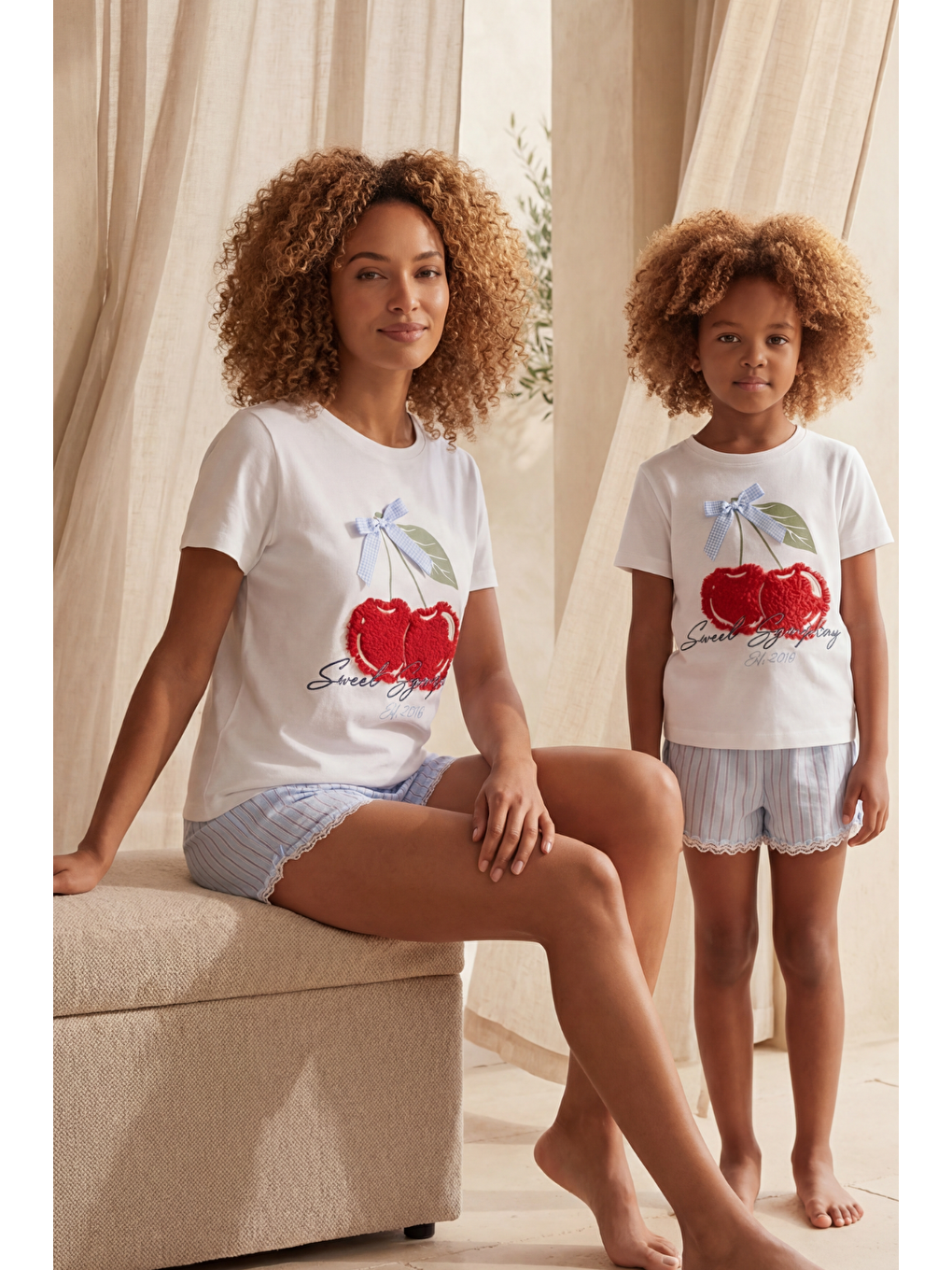 Beyaz Kız Çocuk Mediterranean Kiraz Işlemeli Şortlu Pijama Takımı-3