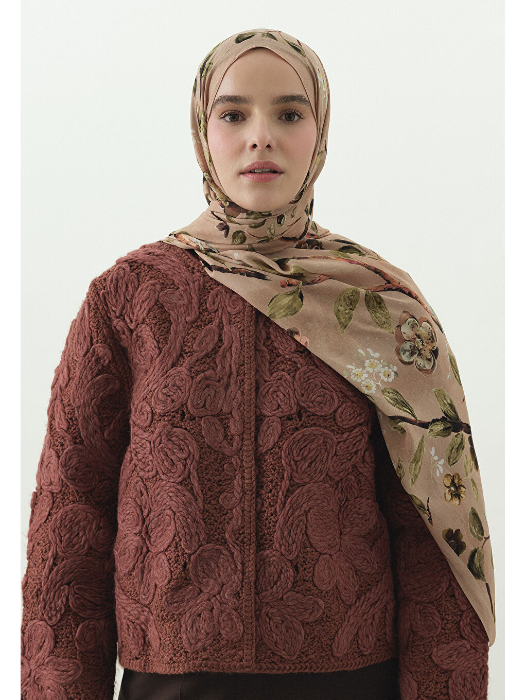Pembe Somon Flower Raın Desenli Pamuk Viskon Şal-1