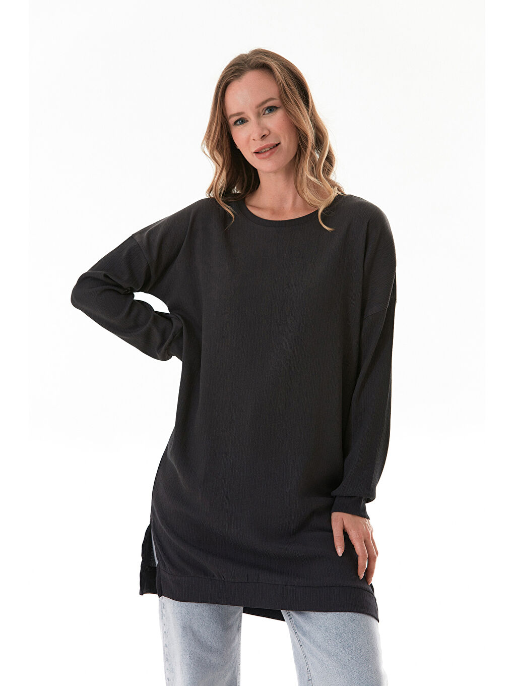 Antrasit Bürümcük Kumaş Yanları Yırtmaçlı Bisiklet Yaka Tunik