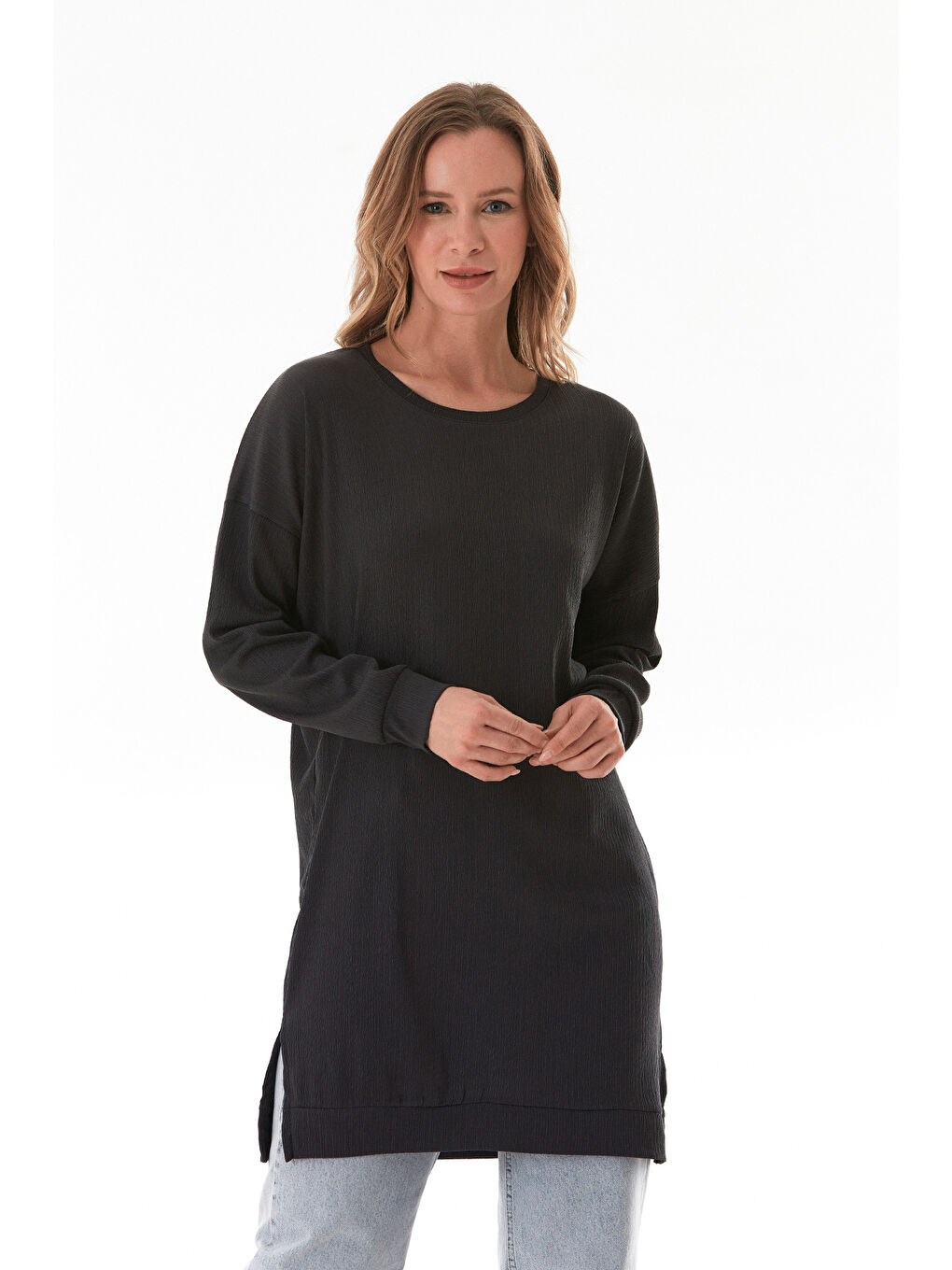 Antrasit Bürümcük Kumaş Yanları Yırtmaçlı Bisiklet Yaka Tunik-1