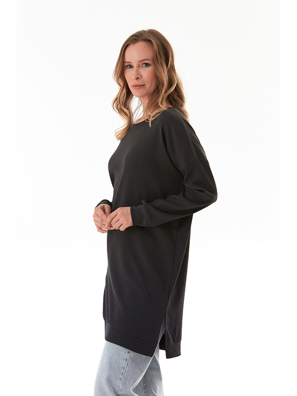 Antrasit Bürümcük Kumaş Yanları Yırtmaçlı Bisiklet Yaka Tunik-3