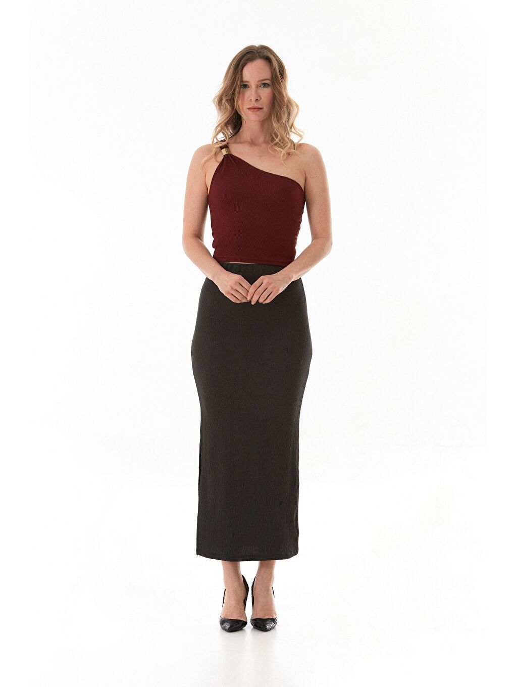 Antrasit Beli Lastikli Yırtmaçlı Bürümcük Kumaş Etek