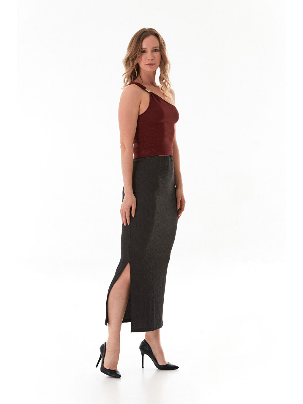 Antrasit Beli Lastikli Yırtmaçlı Bürümcük Kumaş Etek-1