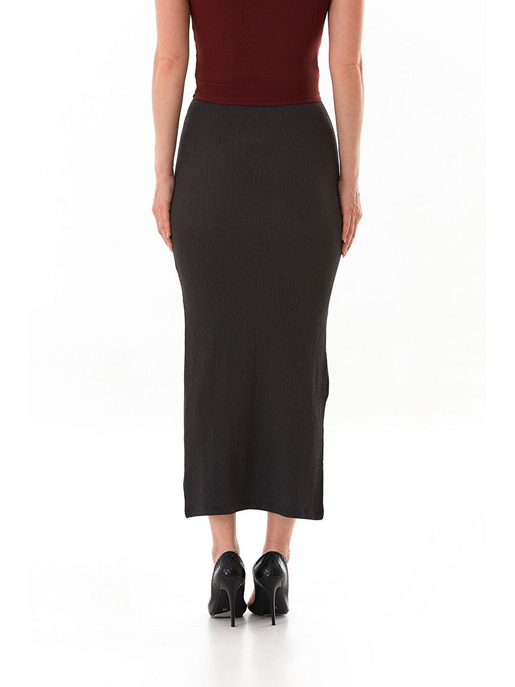 Antrasit Beli Lastikli Yırtmaçlı Bürümcük Kumaş Etek-3