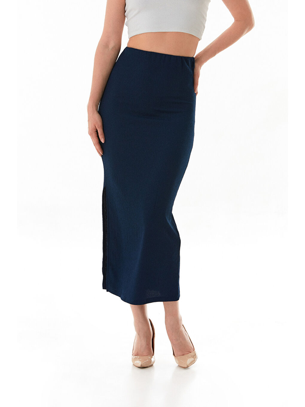 Lacivert Beli Lastikli Yırtmaçlı Bürümcük Kumaş Etek-2