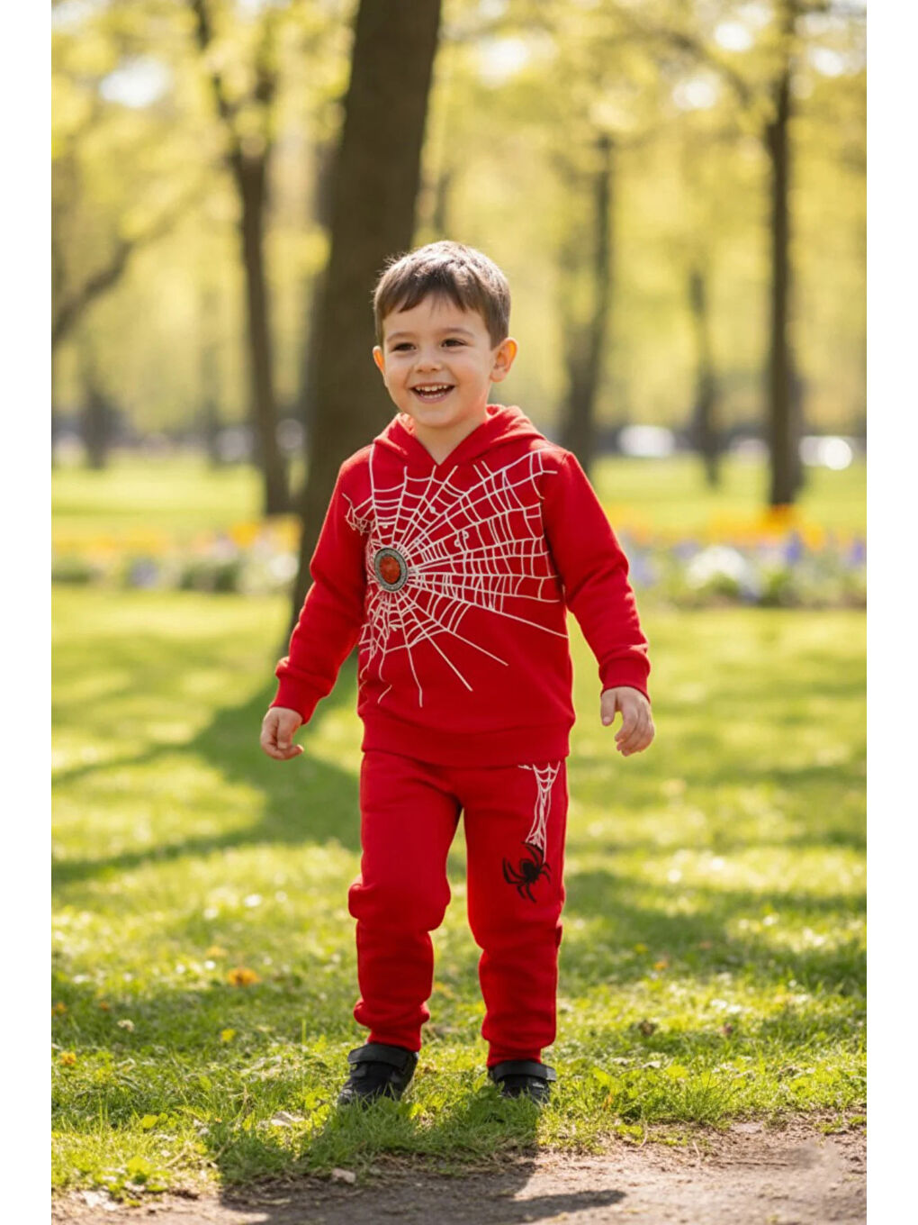 Kırmızı Örümcek Baskılı Işıklı Kapüşonlu Erkek Çocuk Takım