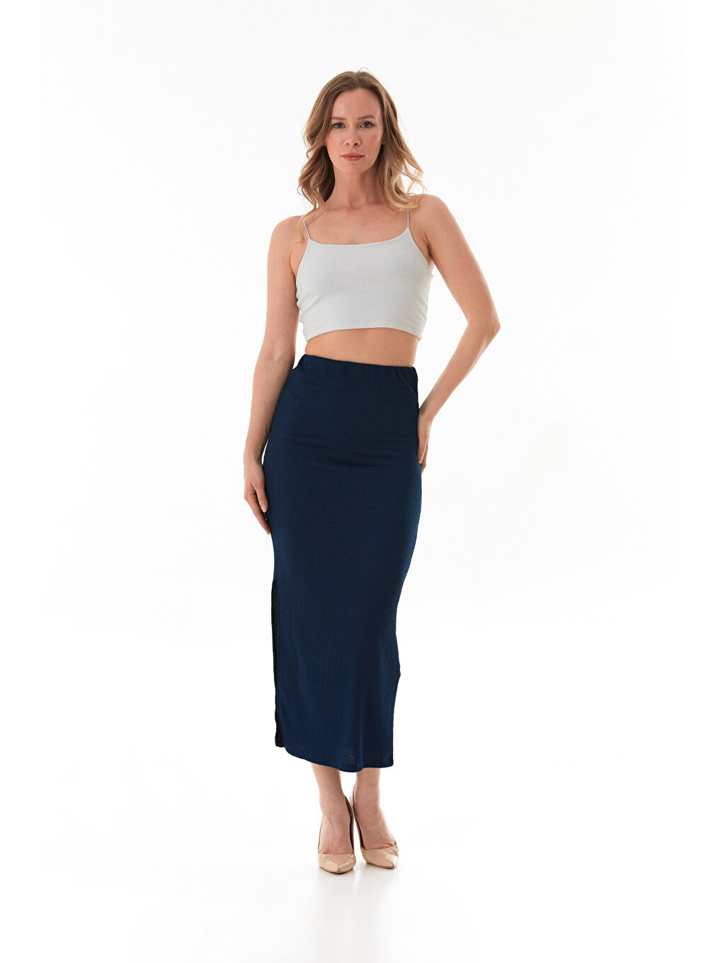 Lacivert Beli Lastikli Yırtmaçlı Bürümcük Kumaş Etek-3