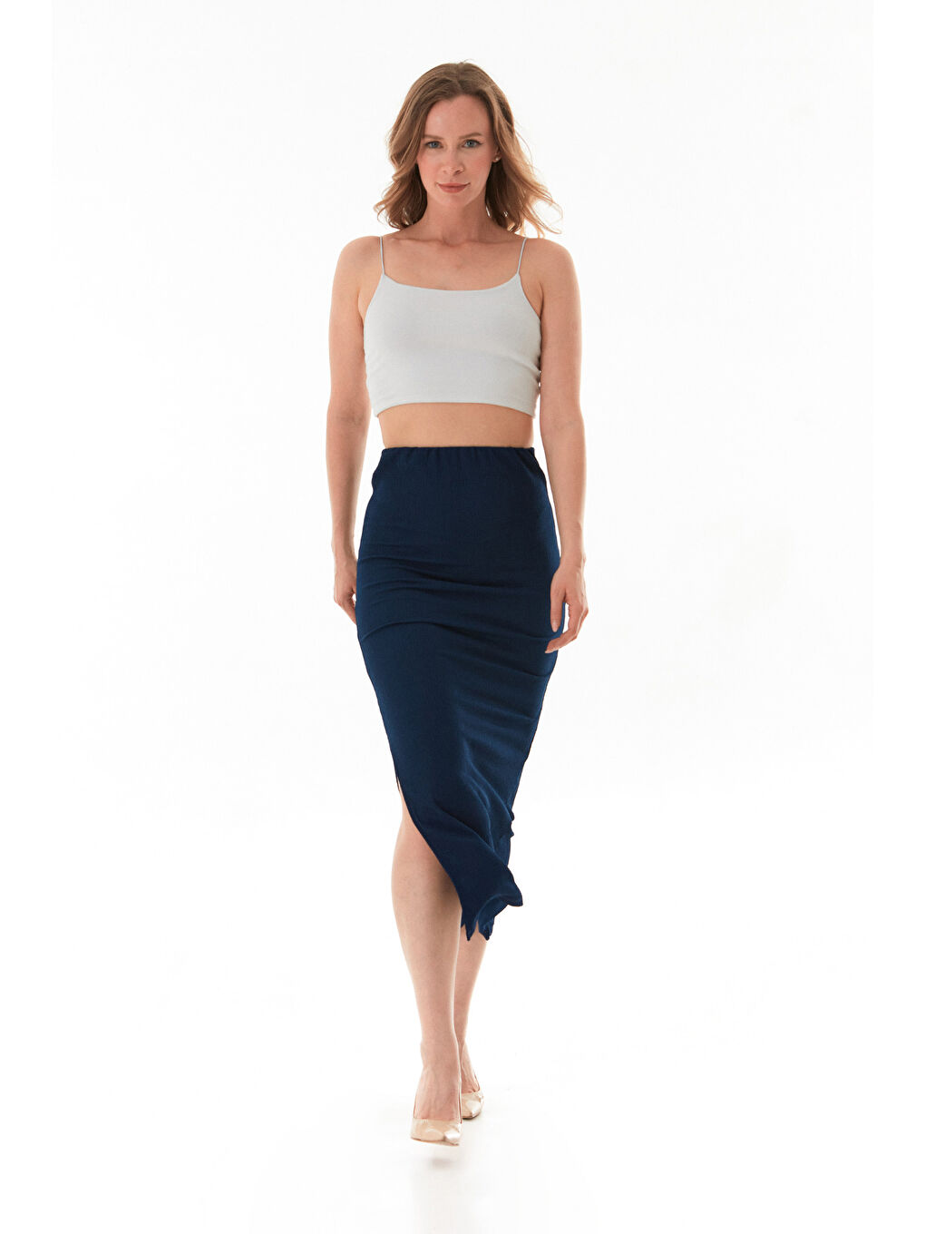 Lacivert Beli Lastikli Yırtmaçlı Bürümcük Kumaş Etek-4