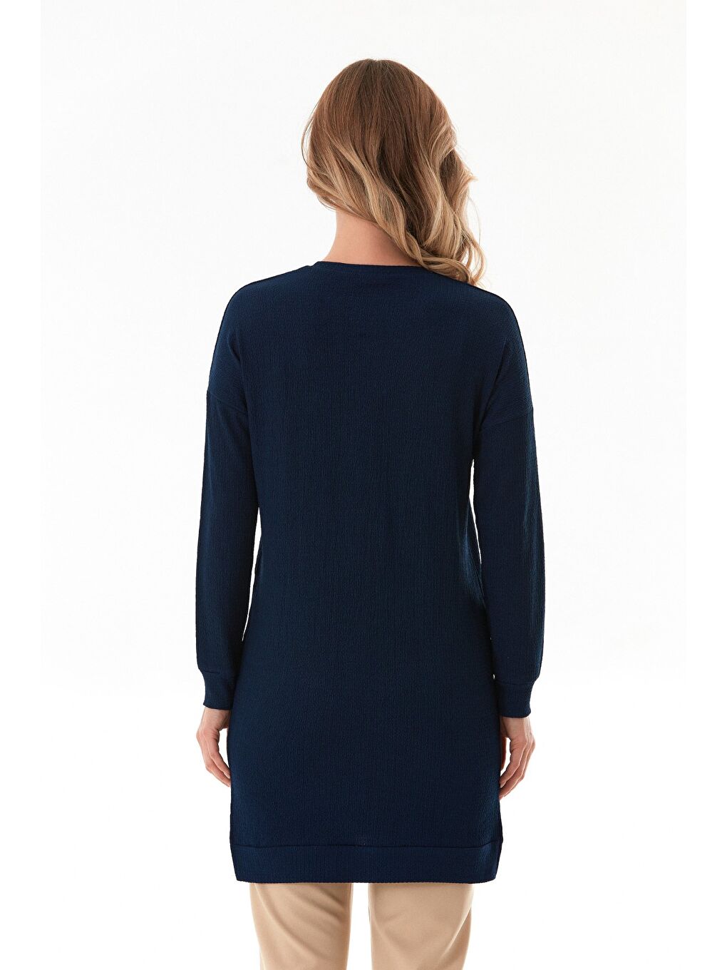 Lacivert Bürümcük Kumaş Yanları Yırtmaçlı Bisiklet Yaka Tunik-3